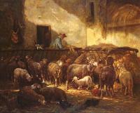 Charles Emile Jacque - A Flock Of Sheep In A Barn